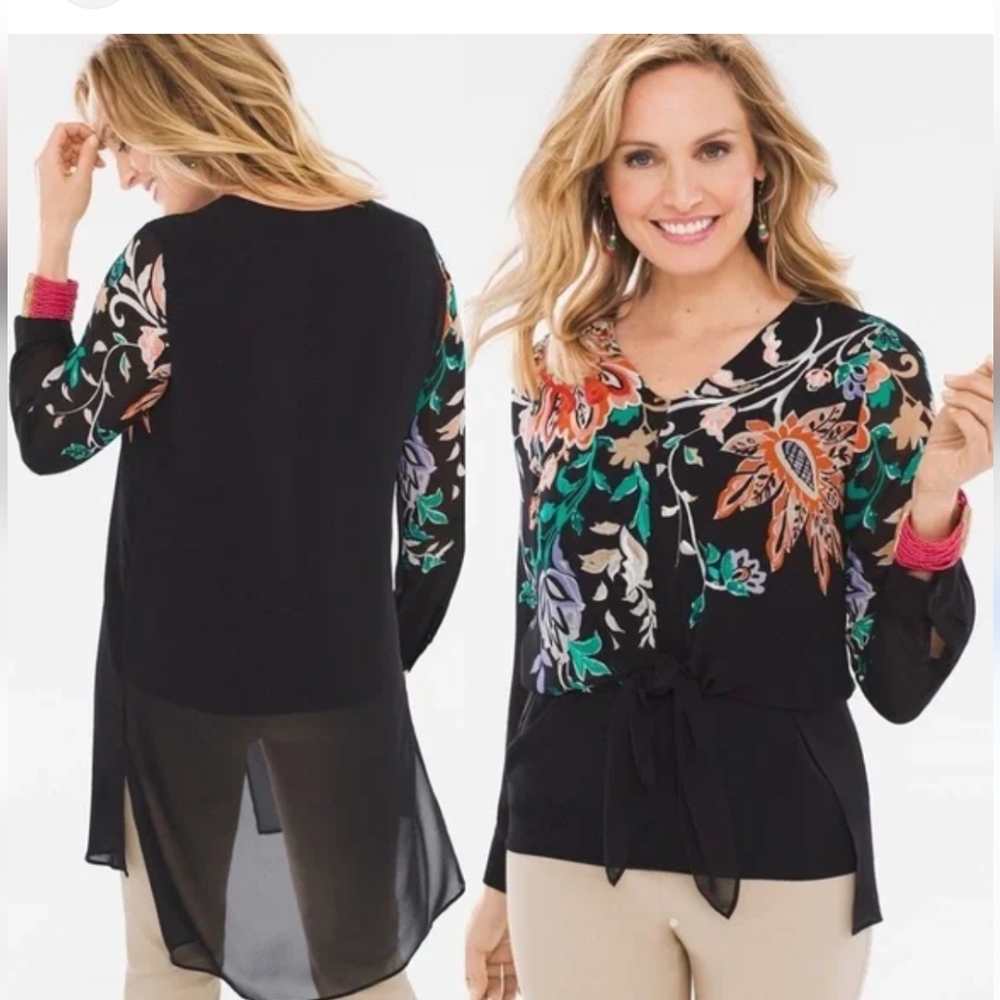 Chico’s Long Bohemian‎ Embroidered Bouquet Layered Blouse 1 US med